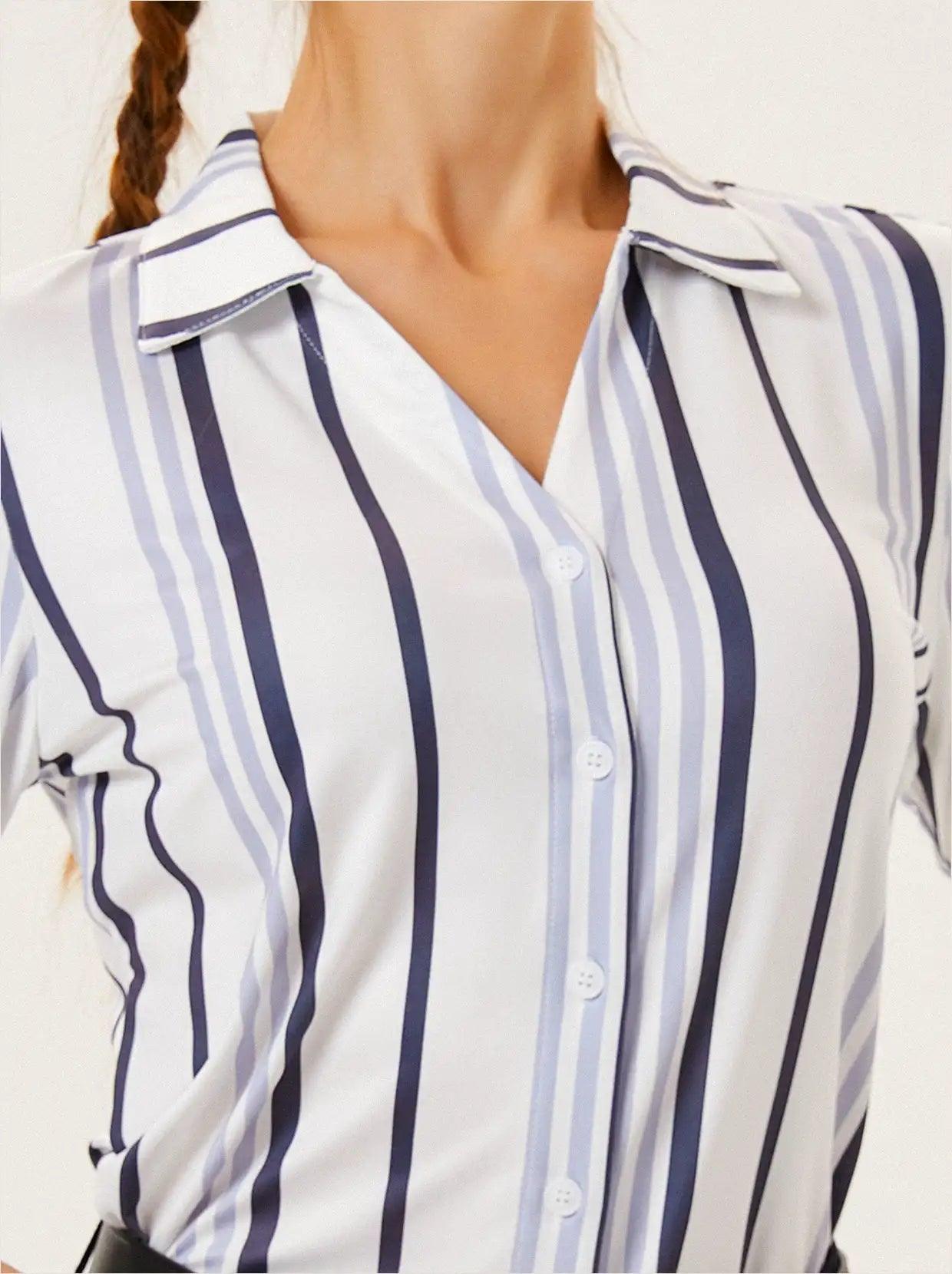 Black Striped V-Neck Button Down 3/4 Sleeve Shirt - Suitable for Weekend Outings