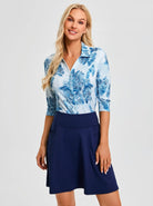 Blue Leaves V-neck Button-Down 3/4 Sleeve Shirt For Women