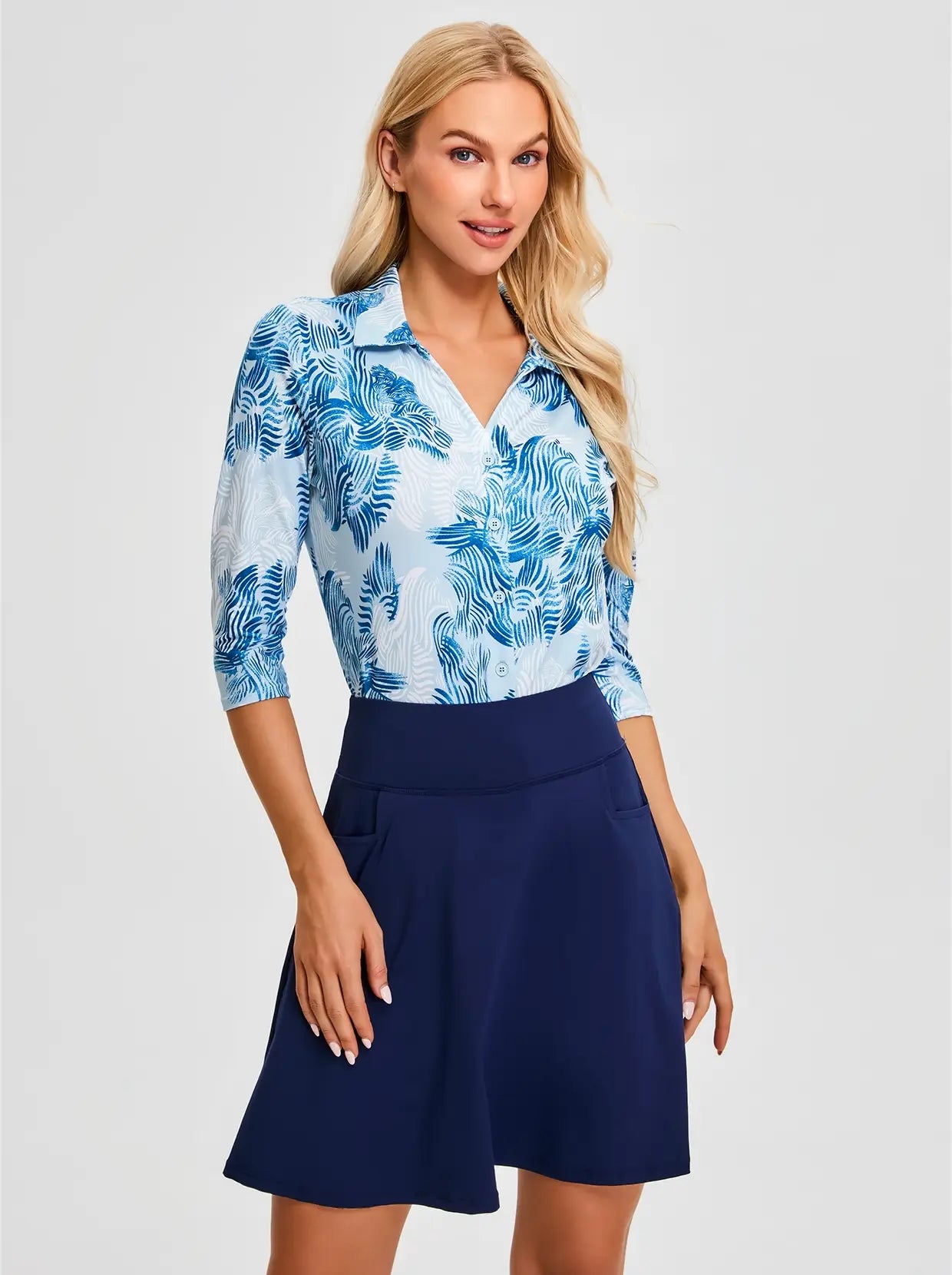 Blue Leaves V-neck Button-Down 3/4 Sleeve Shirt For Women