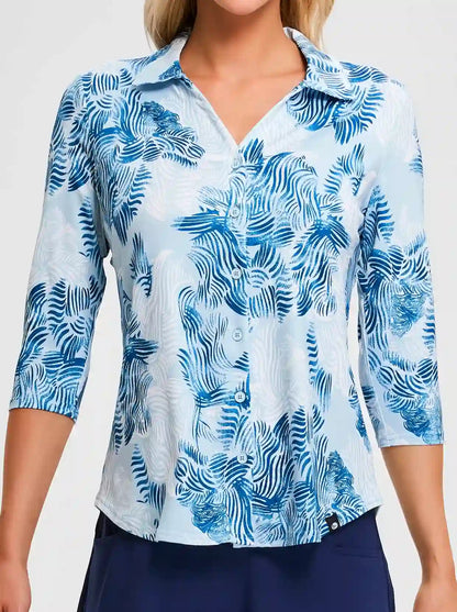 Blue Leaves V-neck Button-Down 3/4 Sleeve Shirt For Women