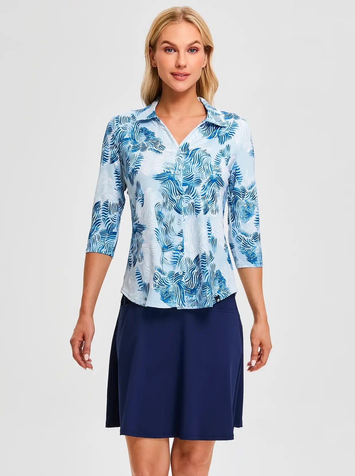 Blue leaves Button-Down 3/4 Sleeve Shirt For Women