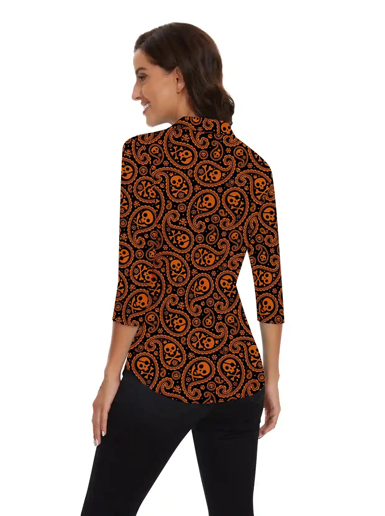 Haloween Orange Skull V-neck Button-Down 3/4 Sleeve Shirt