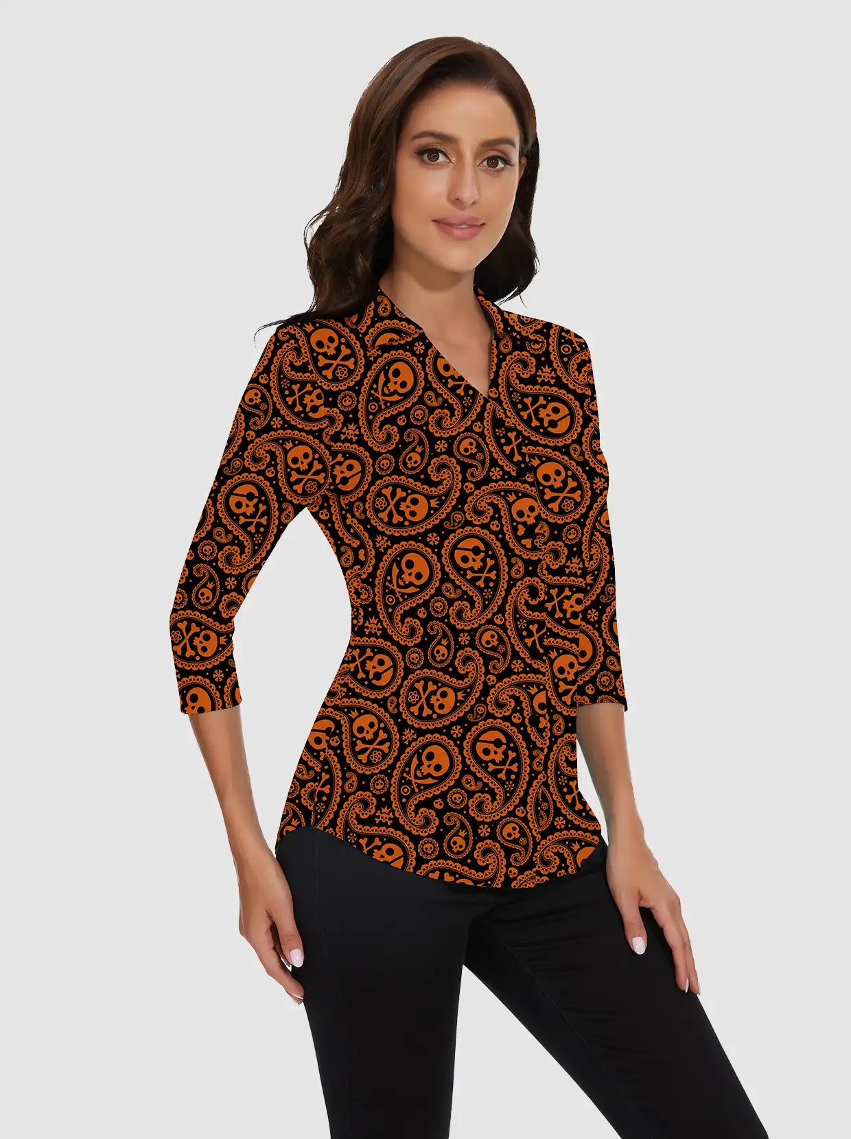 Halloween Orange Skull V-neck Button-Down 3/4 Sleeve Shirt