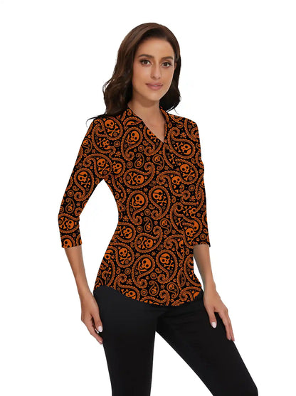 Haloween Orange Skull V-neck Button-Down 3/4 Sleeve Shirt