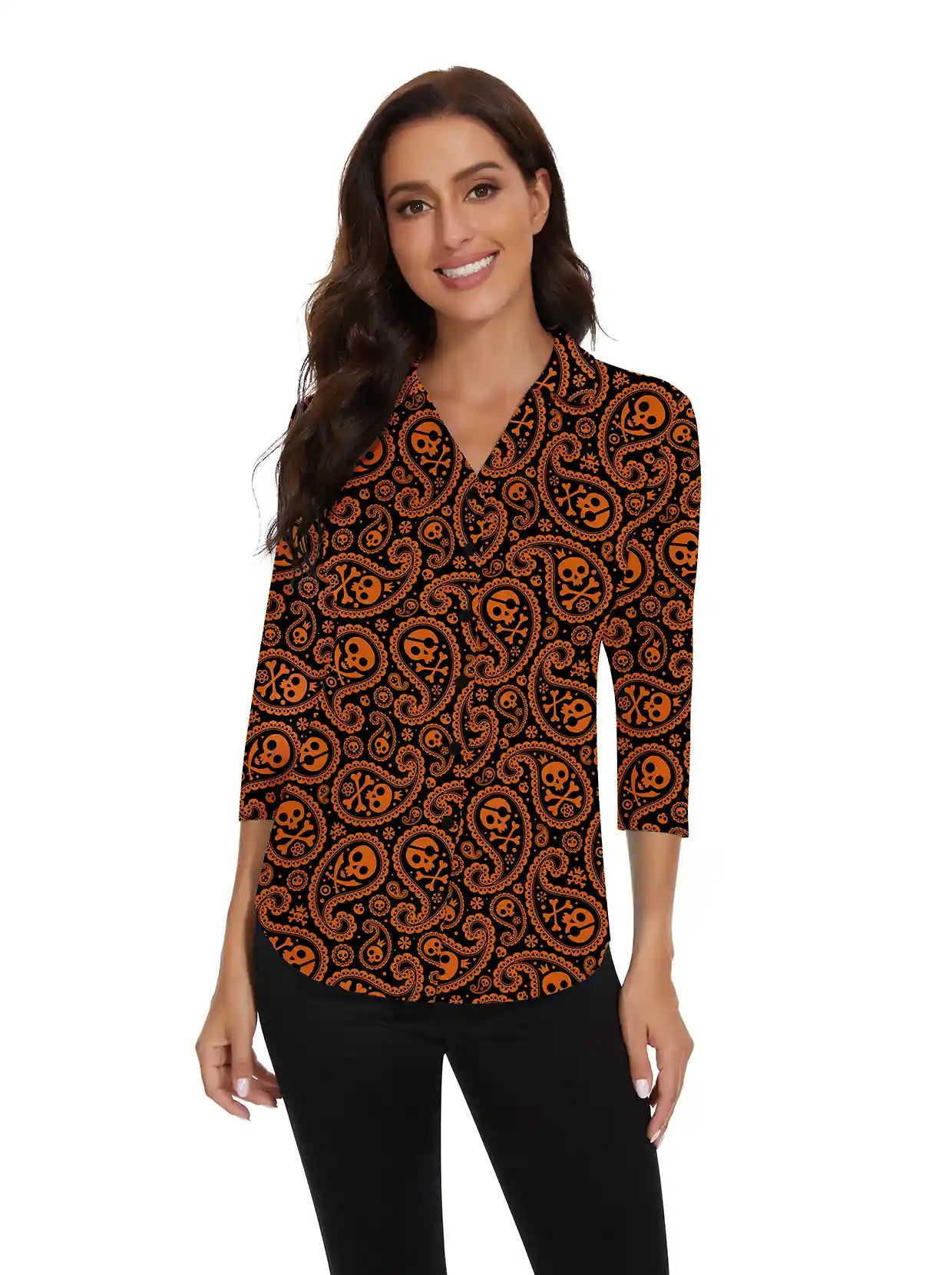 Haloween Orange Skull V-neck Button-Down 3/4 Sleeve Shirt For Women 