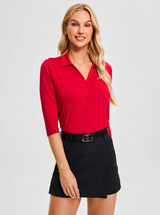 Solid Red V-neck Button-Down 3/4 Sleeve Shirt For Women