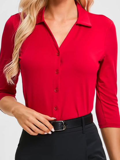 Solid Red V-neck Button-Down 3/4 Sleeve Shirt For Women