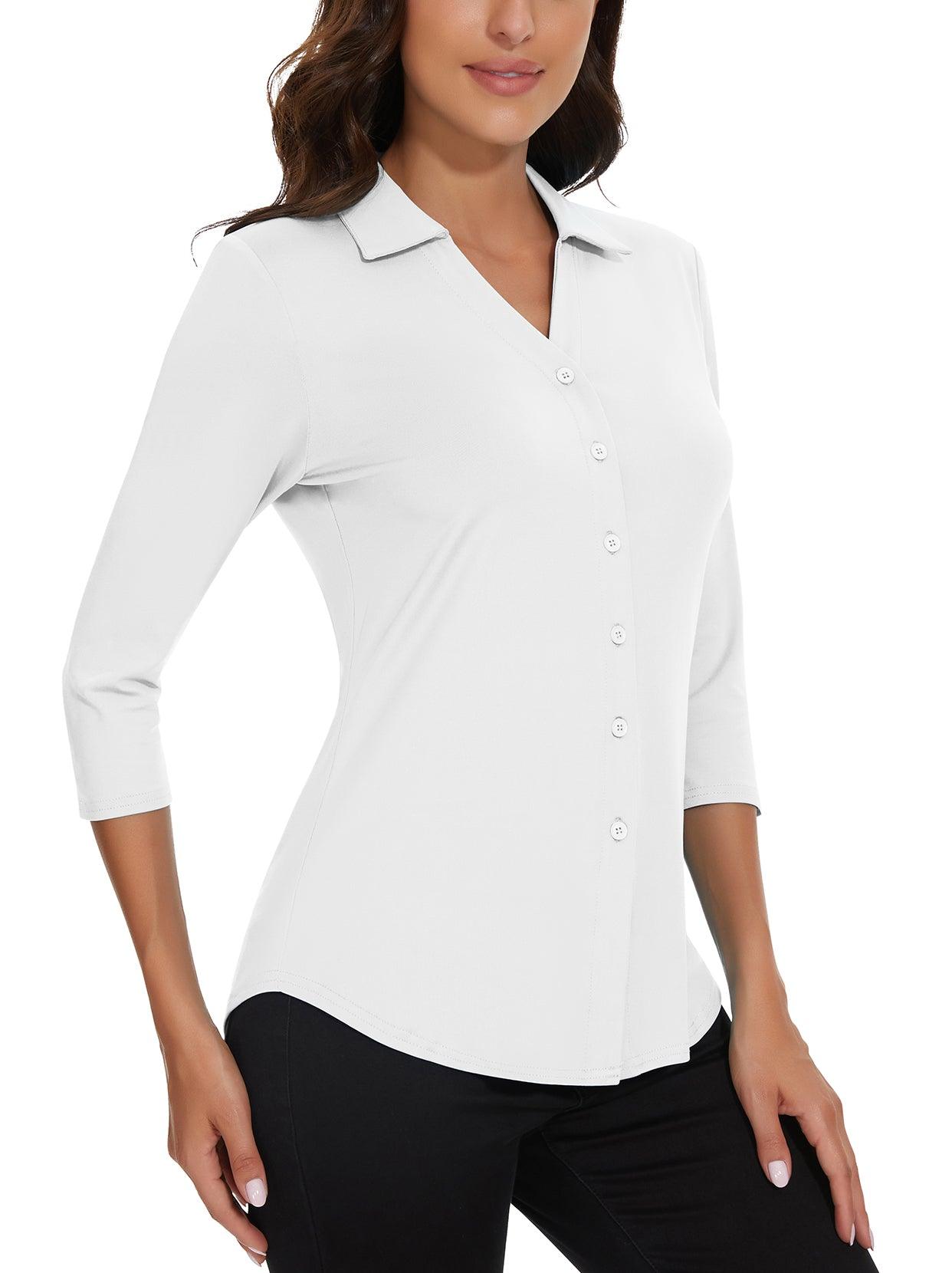 White 3/4 Sleeve Button-Down Shirt For Women