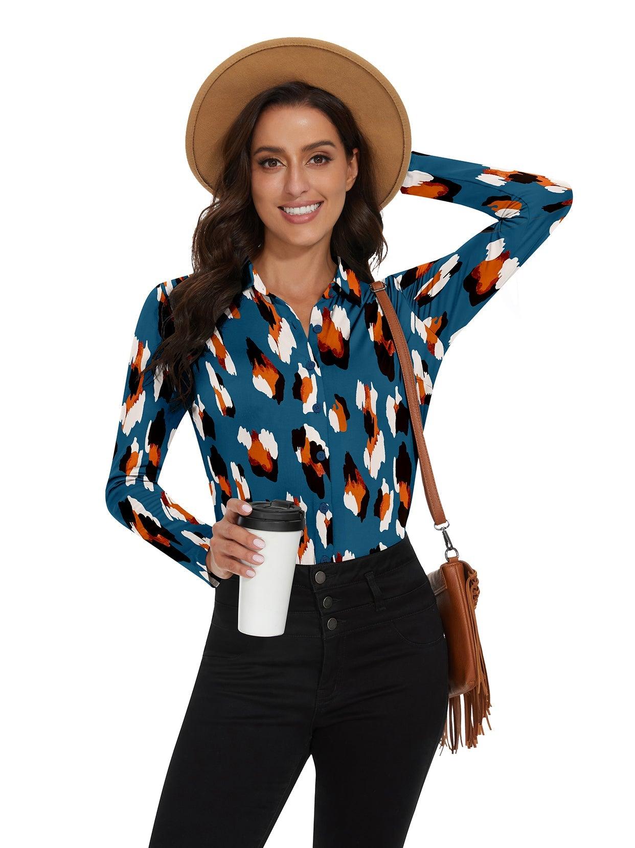 Ladies Long Sleeve Golf Polo- ⛳️SO® Orange Leopard on Blue Background Prints Moisture Wicking Quick Dry Full Button Athletic Workout Striped Tops