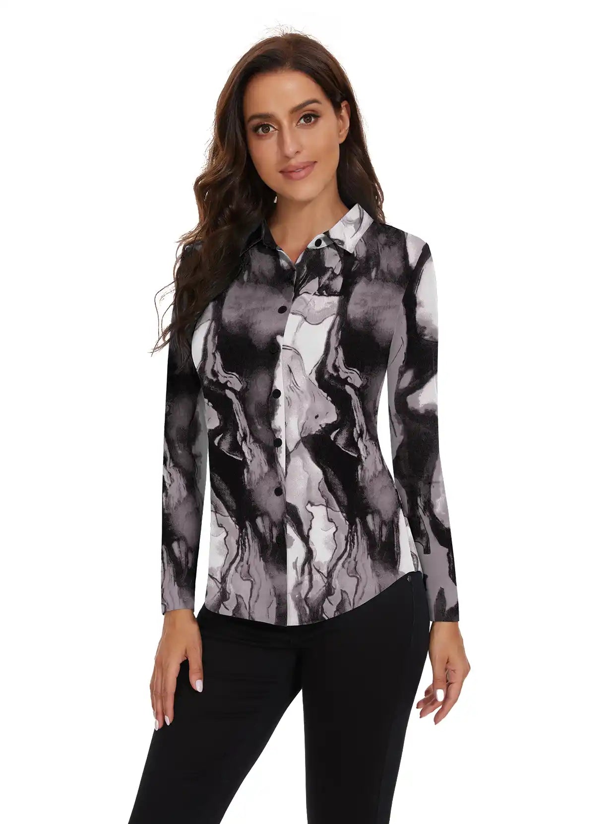 Black and White Button-down Long-sleeve Polo Shirt for Women 