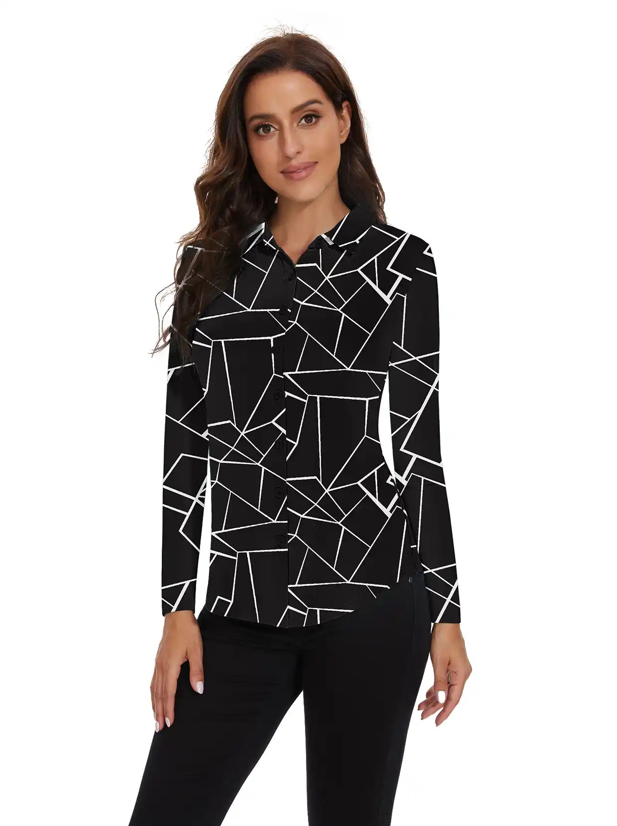 Basic Geomrtric Print Button-down Long-sleeve Polo Shirt for Women 