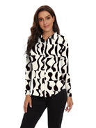 Irregular Wavy Print Button-down Long-sleeve Polo Shirt for Women