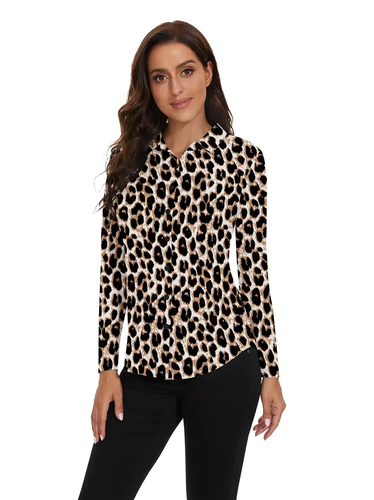 Leopard Print Button-down Long-sleeve Polo Shirt for Women 