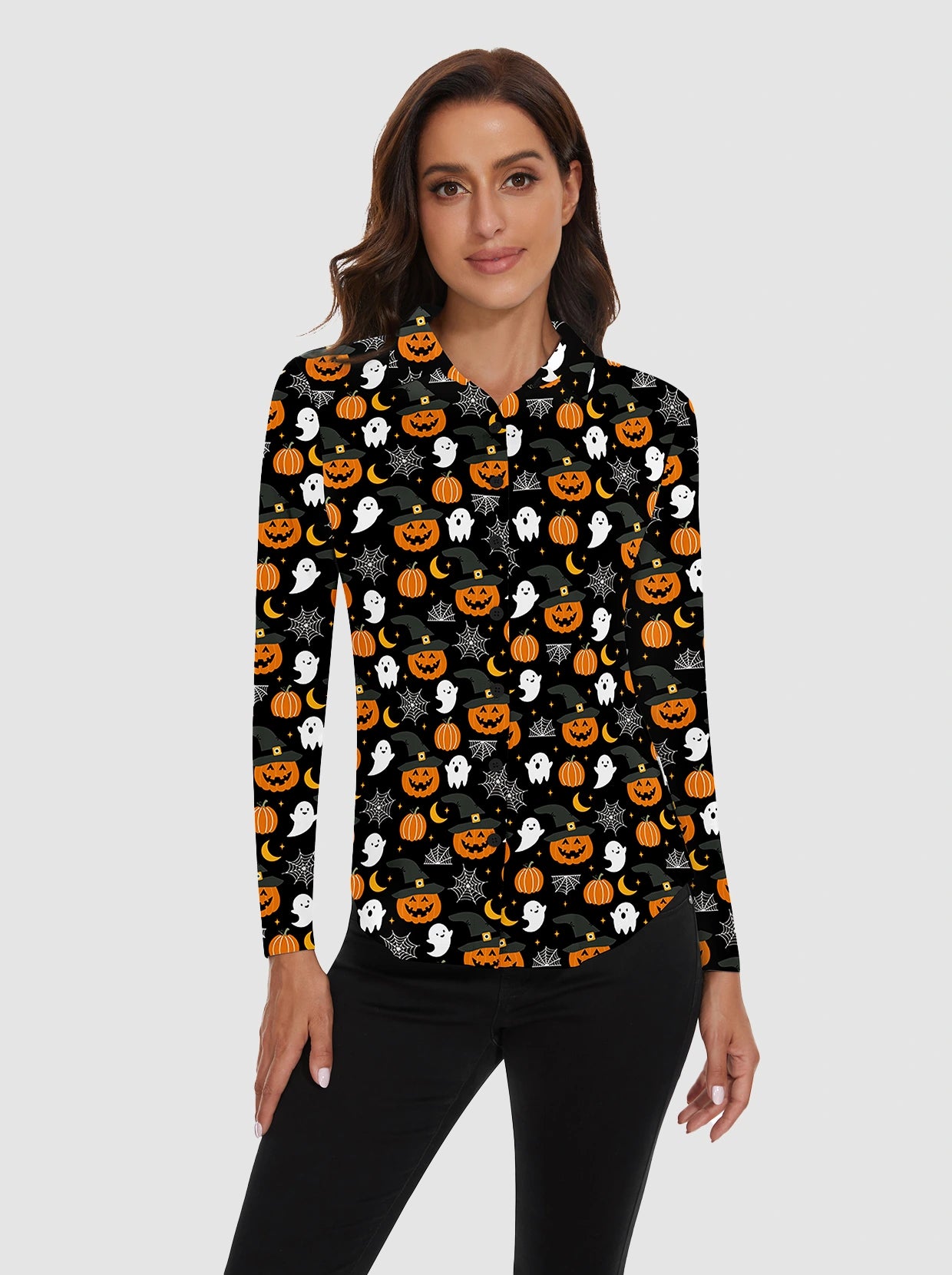 Pumpkin Print Button-down Long-sleeve Polo Shirt for Women