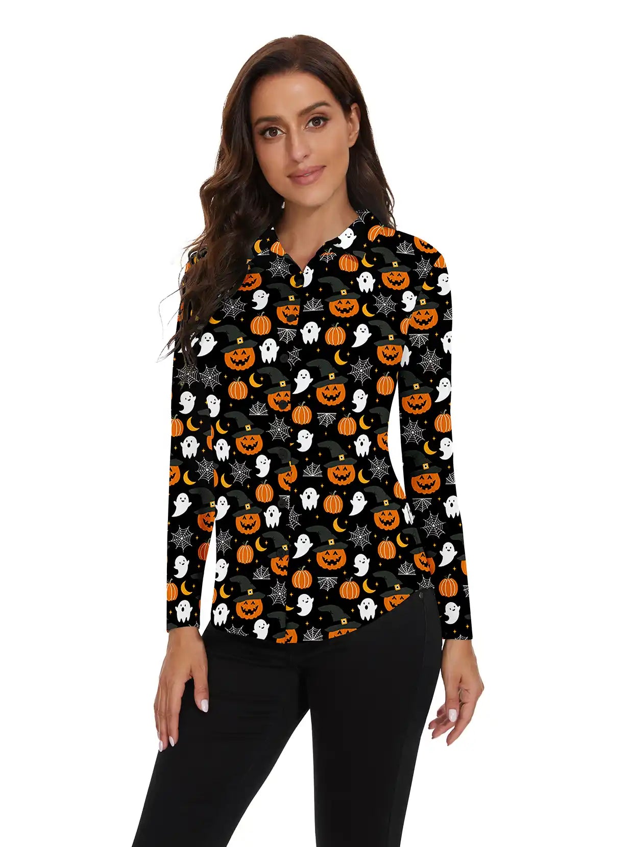 Pumpkin Print Button-down Long-sleeve Polo Shirt for Women