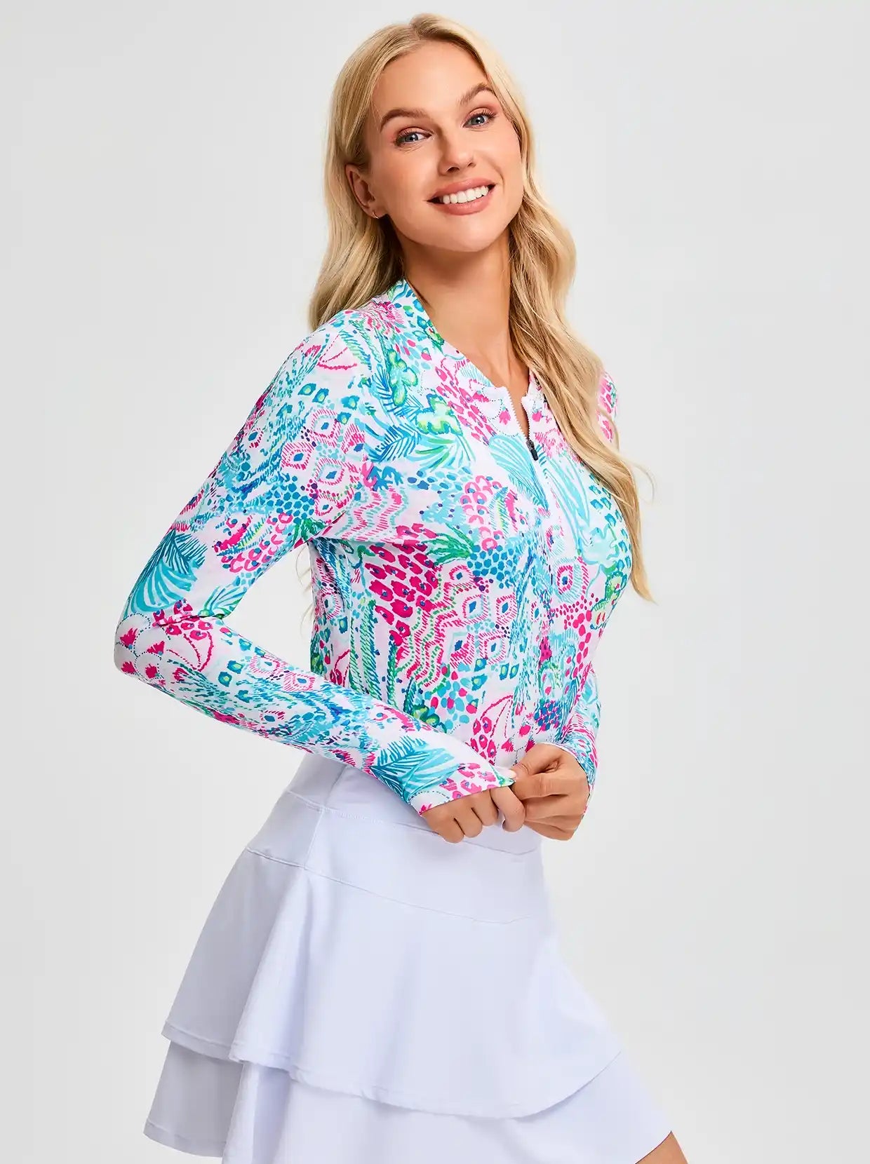 Blue Oceanic Botanical Quarter-zip 3/4 Sleeve Shirt for Women