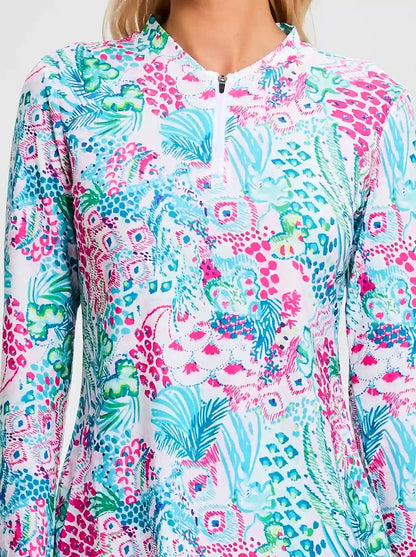 Blue Oceanic Botanical Quarter-zip 3/4 Sleeve Shirt for Women