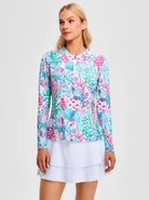 Blue Oceanic Botanical Quarter-zip 3/4 Sleeve Golf Shirt for Women