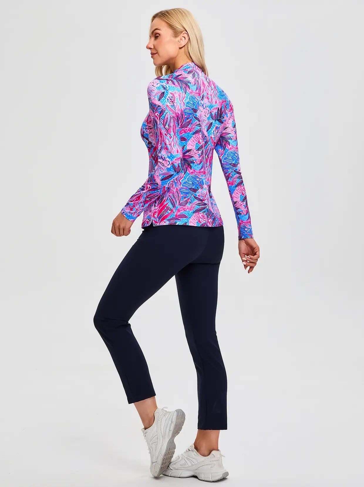 Purple and Blue Botanical Quarter-zip Long-sleeve Golf Polo for Women