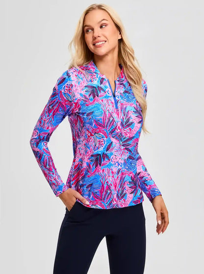 Purple and Blue Botanical Quarter-zip Long-sleeve Golf Polo for Women