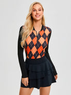 Pumpkin Color and Black Argyle Quarter-Zip Long-sleeve Golf Shirt for ladies