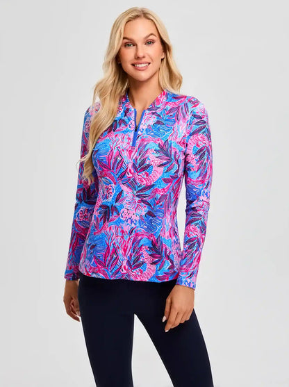 Purple and Blue Botanical Quarter-zip Long-sleeve Golf Polo for Women