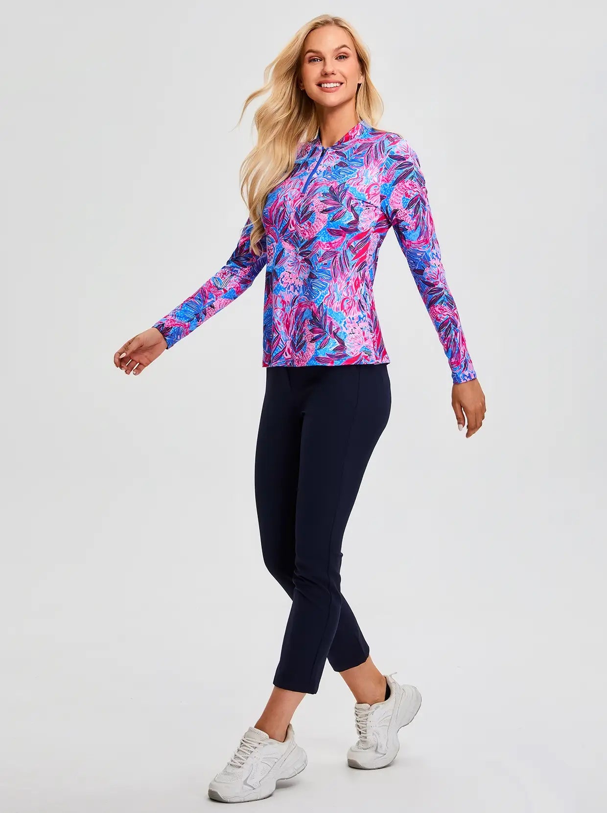 Purple and Blue Botanical Quarter-zip Long-sleeve Golf Polo for Women