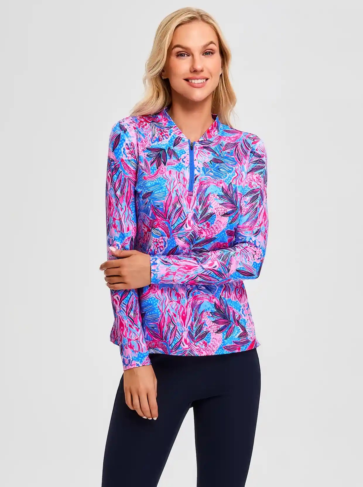 Purple and Blue Botanical Quarter-Zip Long-sleeve Golf Polo for Women