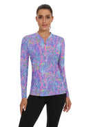 Blue Botanical Quarter-Zip Long-sleeve Shirt for Women 