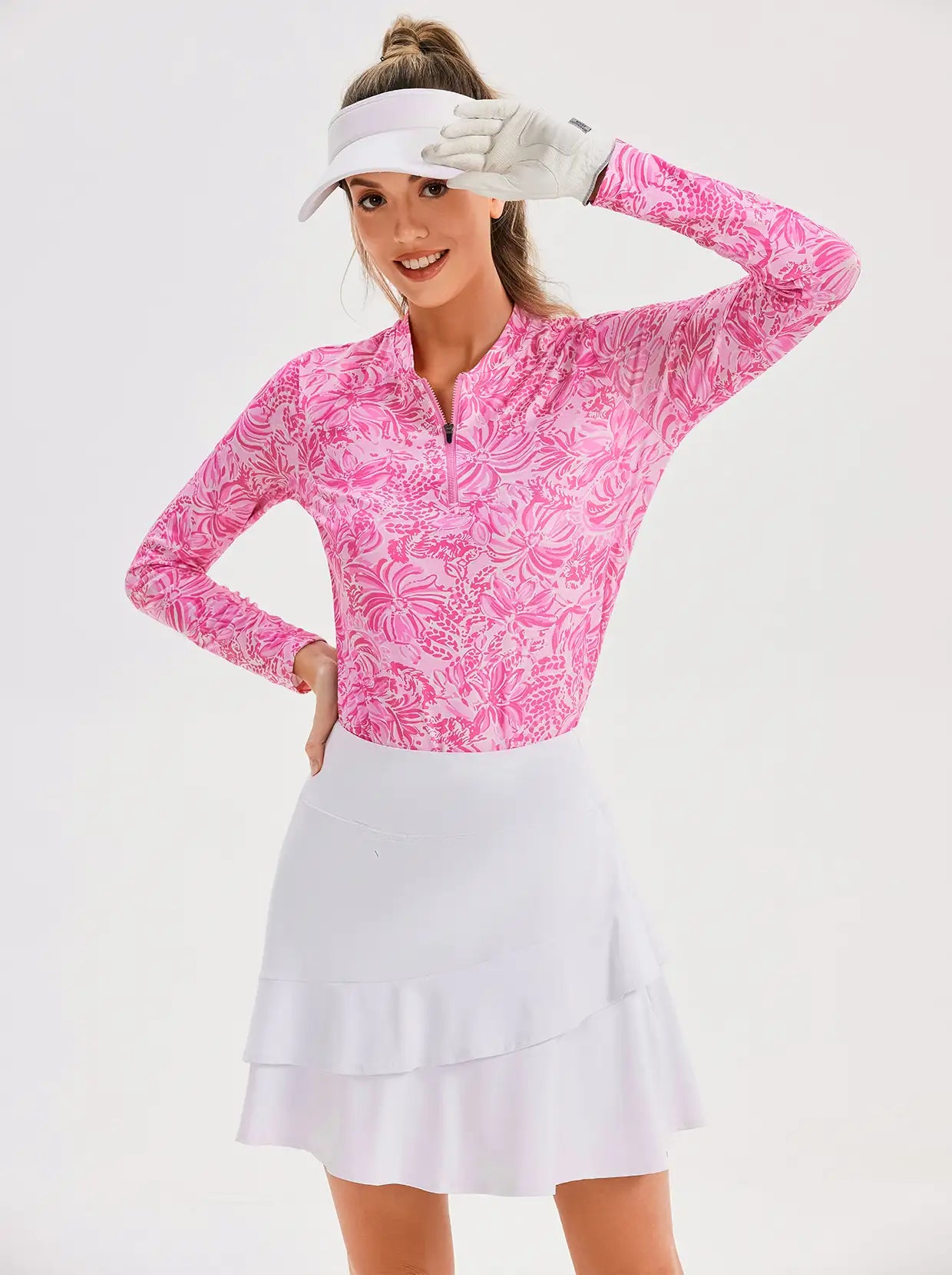 Pink Floral Quarter-Zip Long-sleeve Shirt for Women