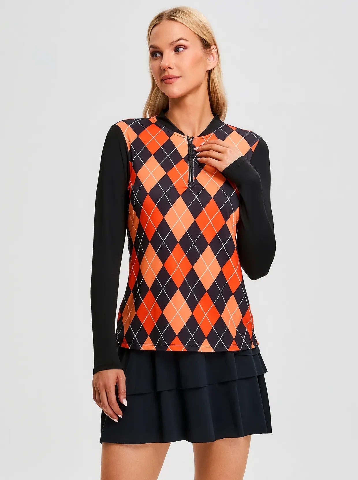 Women's Argyle Quarter-Zip Long-sleeve Golf Polo Shirt | Soneven