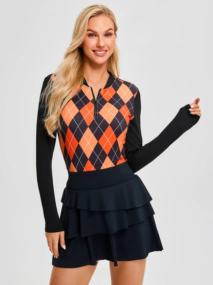 Pumpkin Color and Black Argyle Quarter-Zip Long-sleeve Golf Shirt for ladies