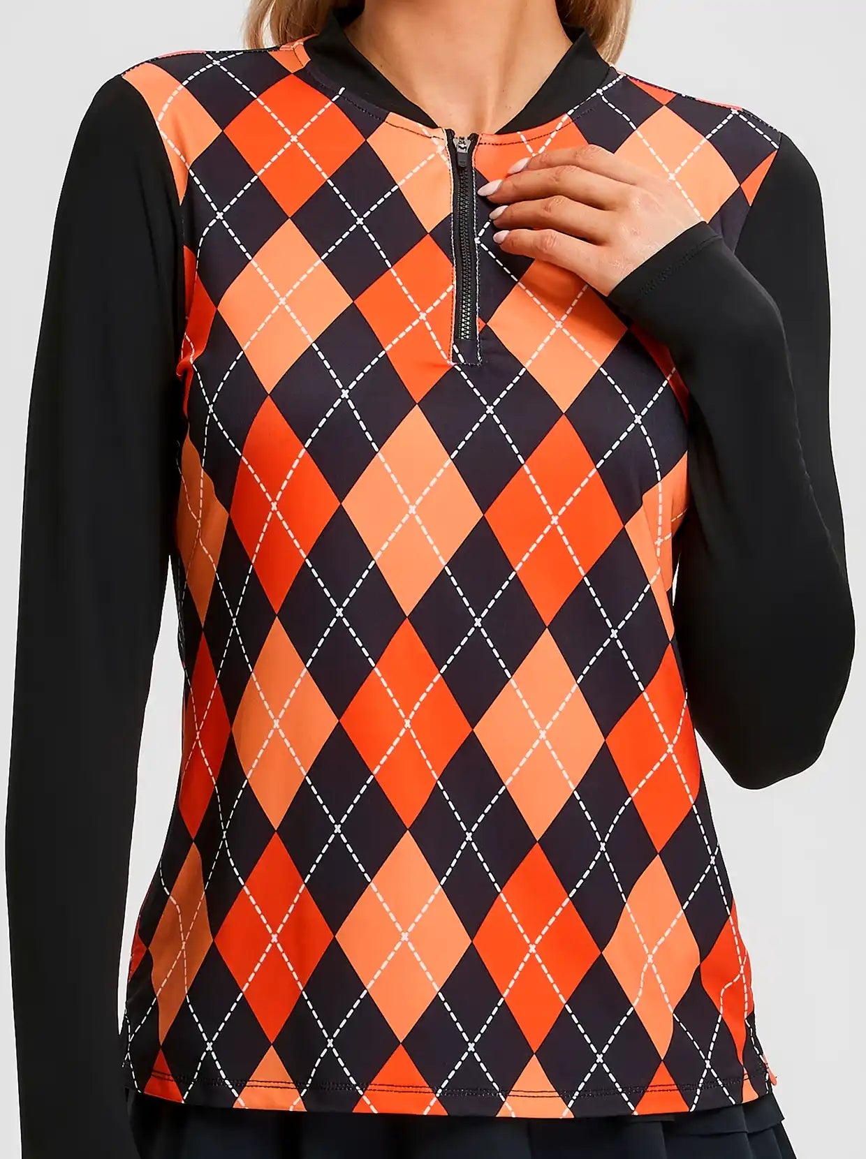 Pumpkin Color and Black Argyle Quarter-Zip Long-sleeve Golf Shirt for ladies