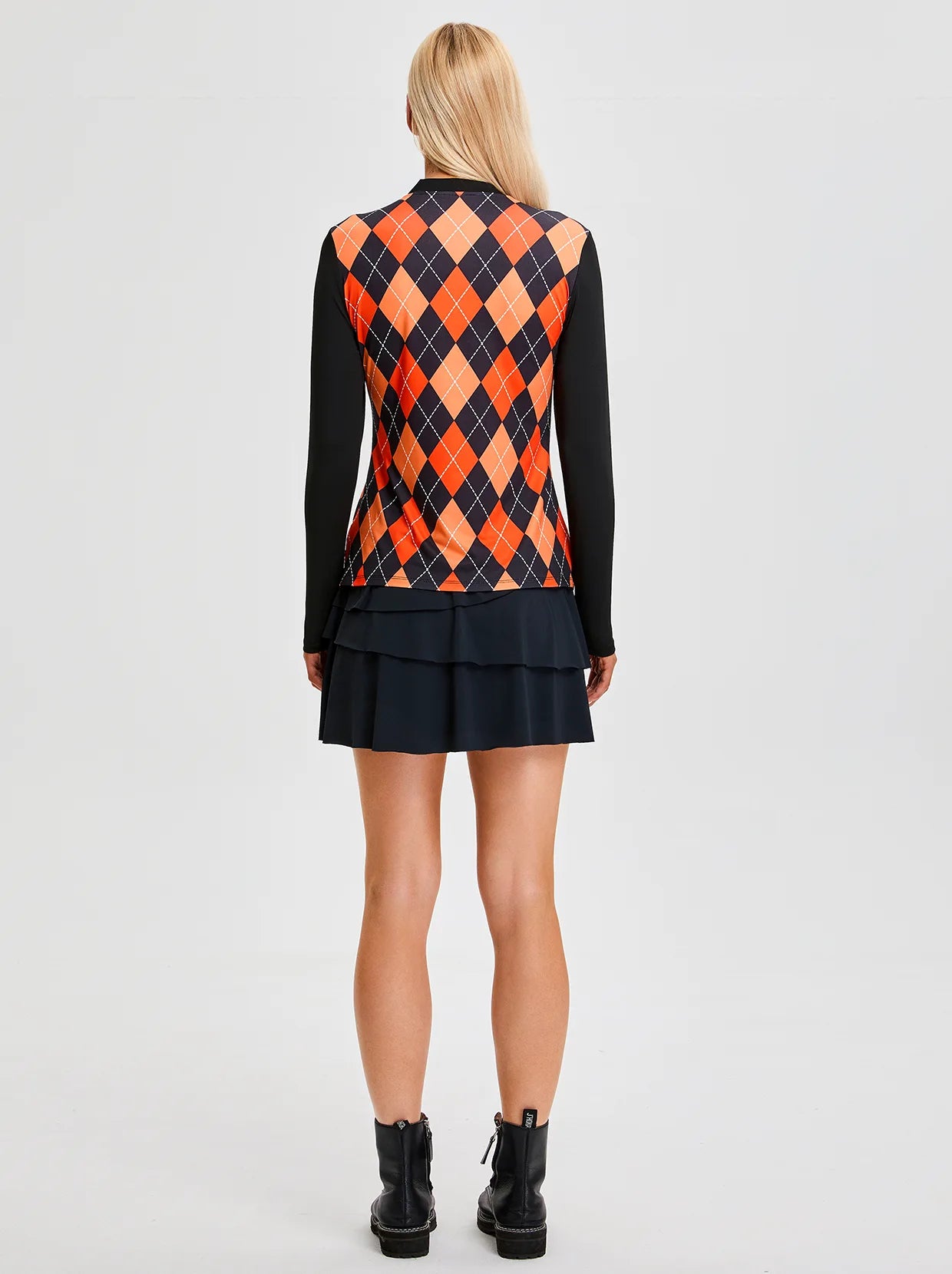 Pumpkin Color and Black Argyle Quarter-Zip Long-sleeve Golf Shirt for ladies