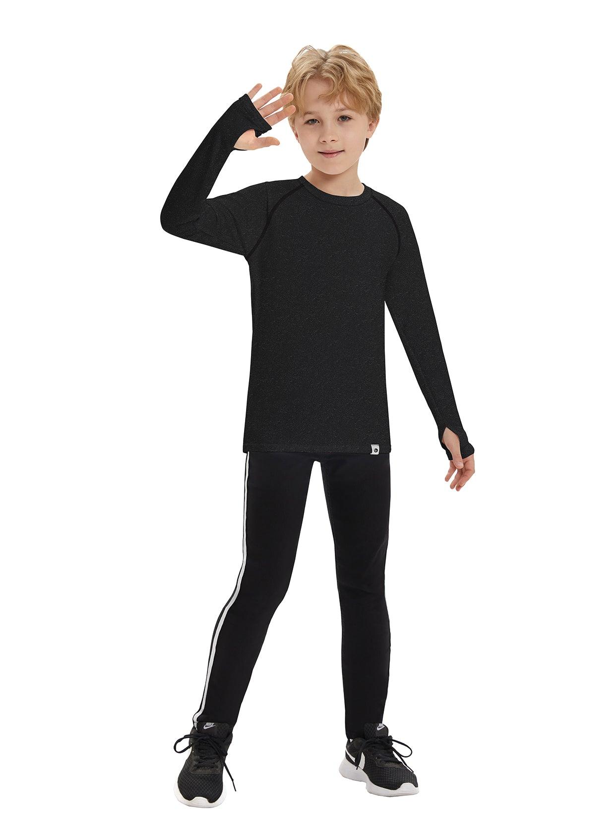 Youth Kids Unisex Thermal -☀️SO® Black Compression Shirt Long Sleeve Fleece Lined Base Layer Football Athletic Undershirt Cold Gear