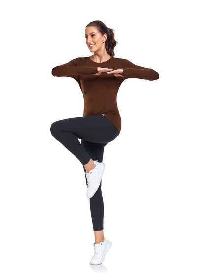 Women's Thermal-🌞SO® Brown Fleece Running Shirts Compression Shirts Quick Dry Workout Pullover Tops with Thumb Holes