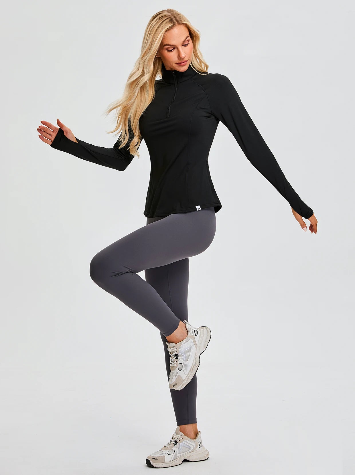 Solid Black Quarter-zip Long-sleeve Fleece Tops for Women