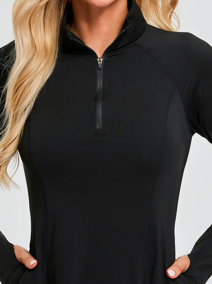 Solid Black Quarter-zip Long-sleeve Fleece Tops for Women