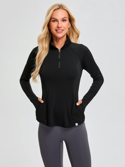 Solid Black Quarter-zip Long-sleeve Fleece Tops for Women