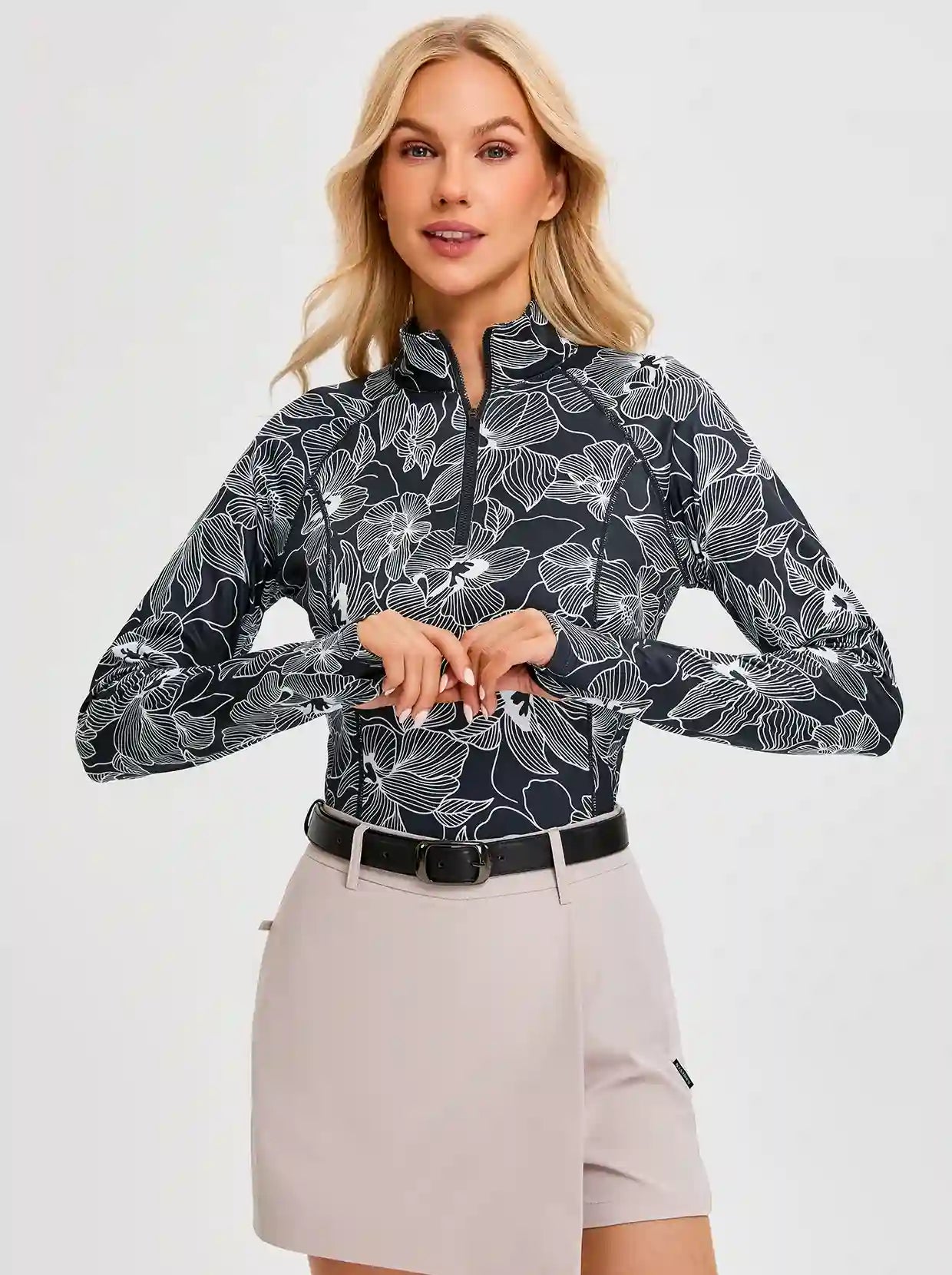 White Floral Quarter-zip Long-sleeve Fleece Tops for Women