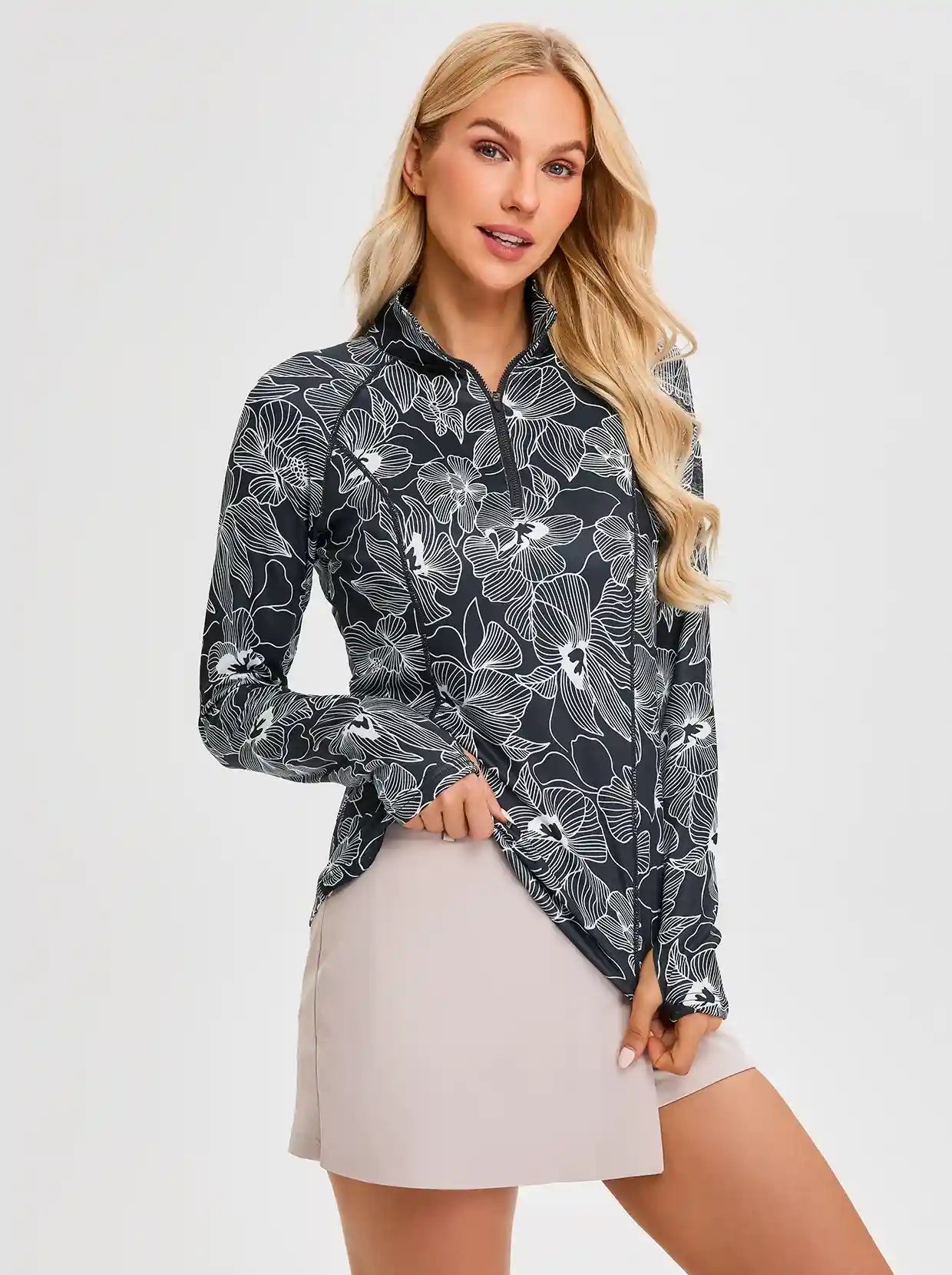 White Floral Quarter-zip Long-sleeve Fleece Tops for Women