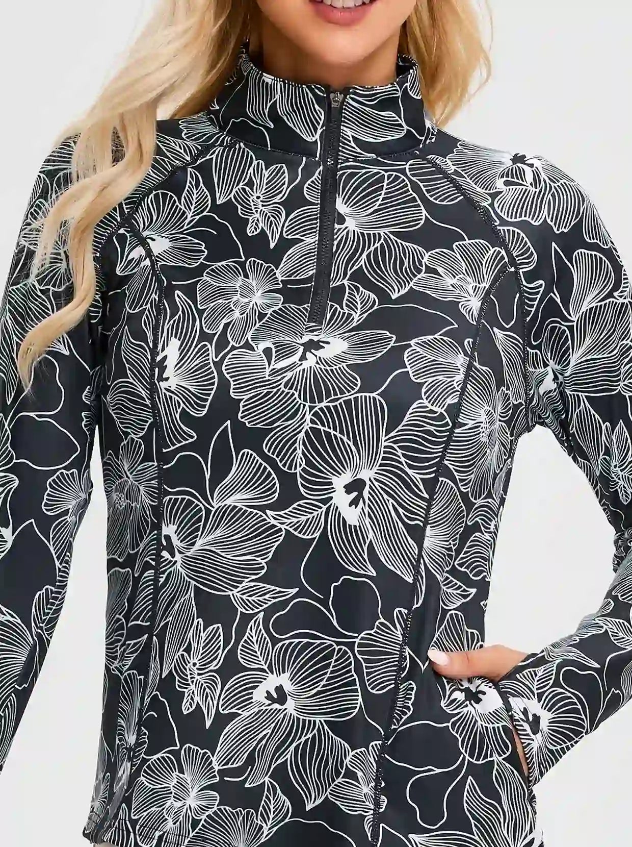 White Floral Quarter-zip Long-sleeve Fleece Tops for Women