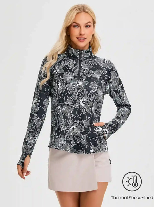 White Floral Quarter-zip Long-sleeve Fleece Tops for Women