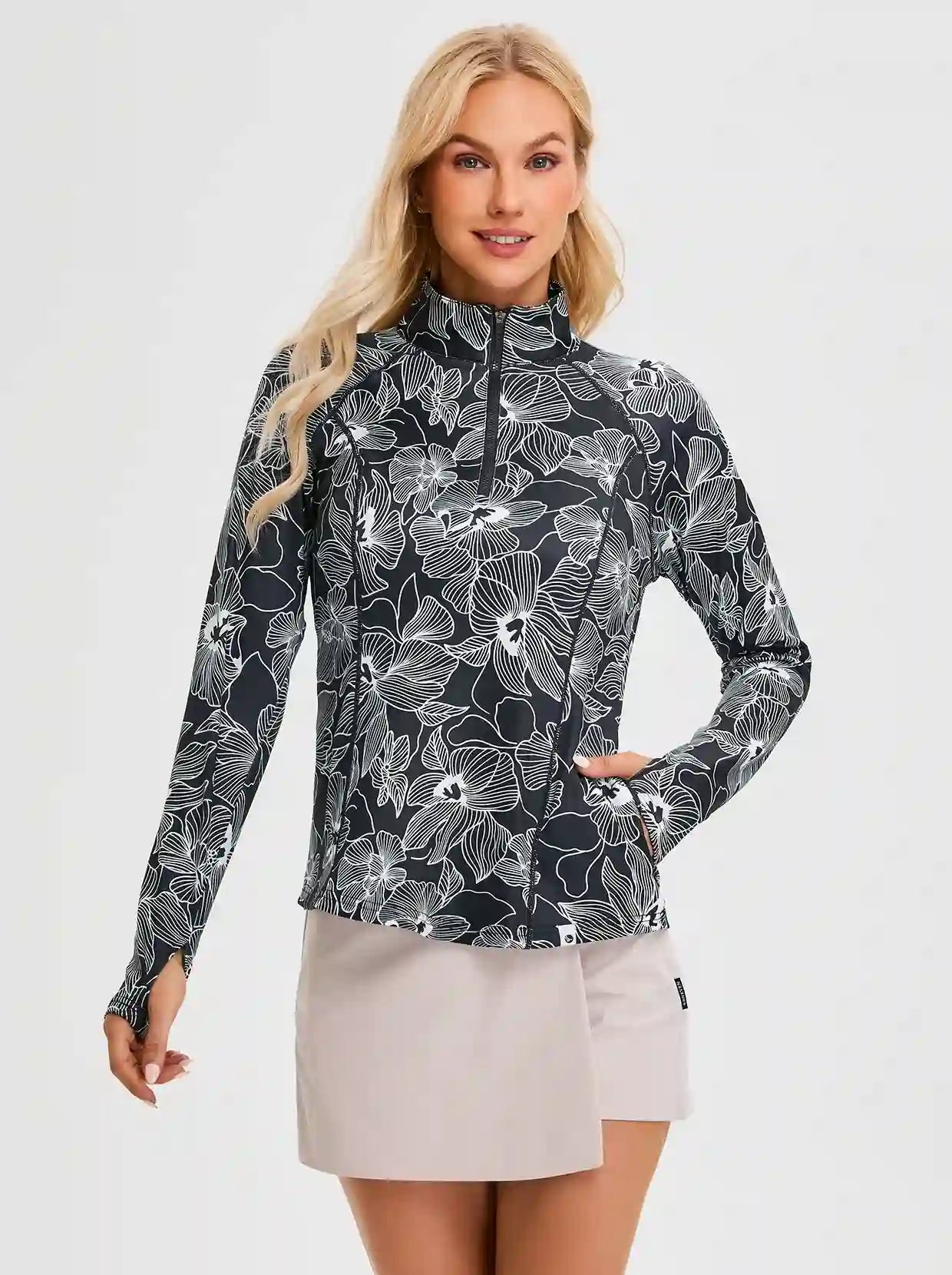 White Floral Quarter-zip Long-sleeve Fleece Tops for Women