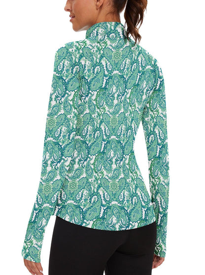 Green Paisley Fleece Zip Up Long-sleeve Golf Polo for Women