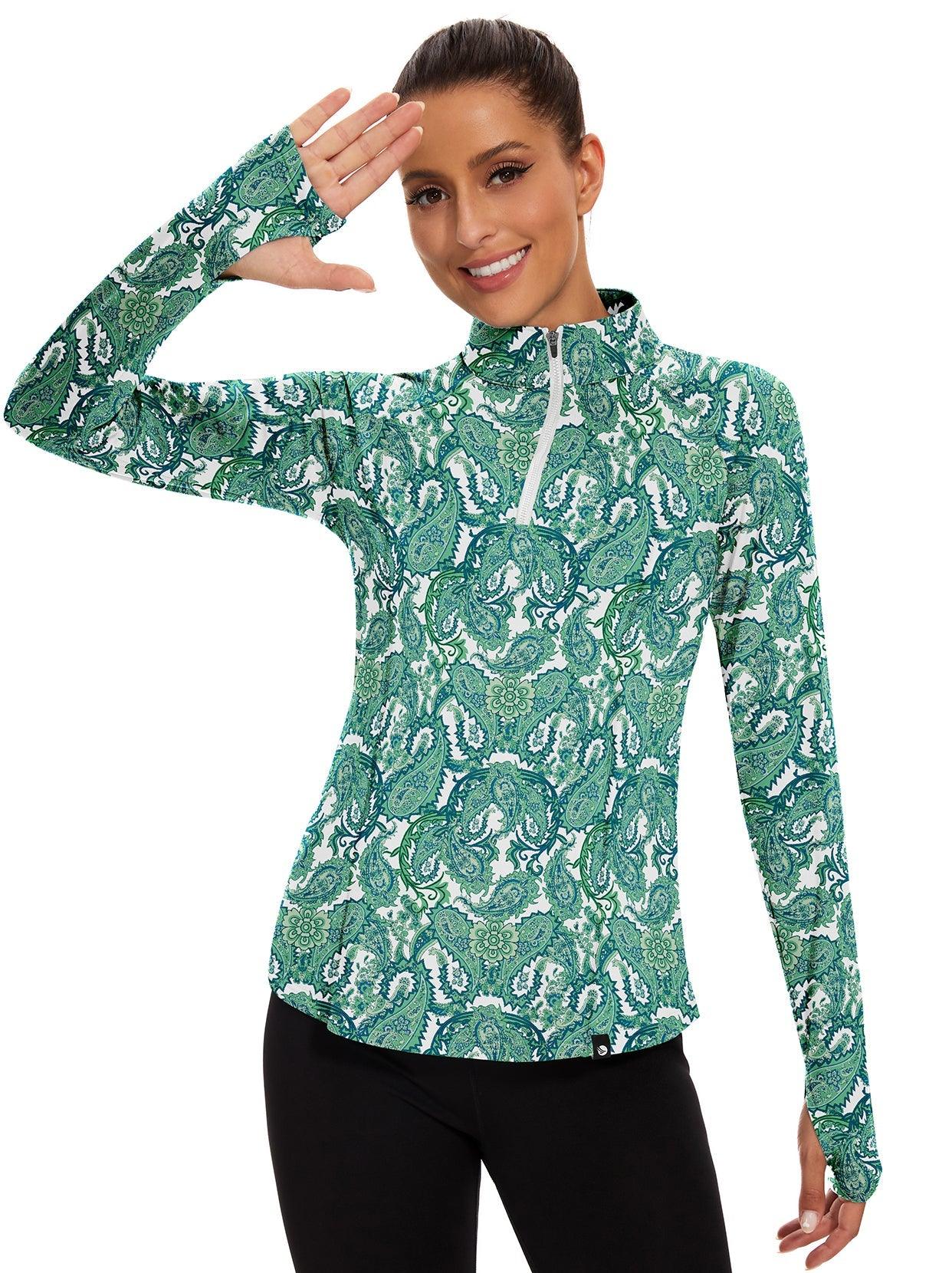 Green Paisley Fleece Zip Up Long-sleeve Golf Polo for Women