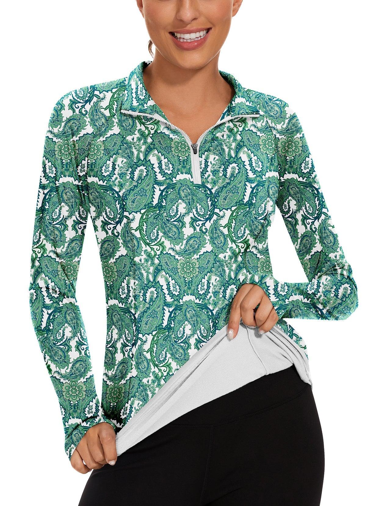 Green Paisley Fleece Zip Up Long-sleeve Golf Polo for Women