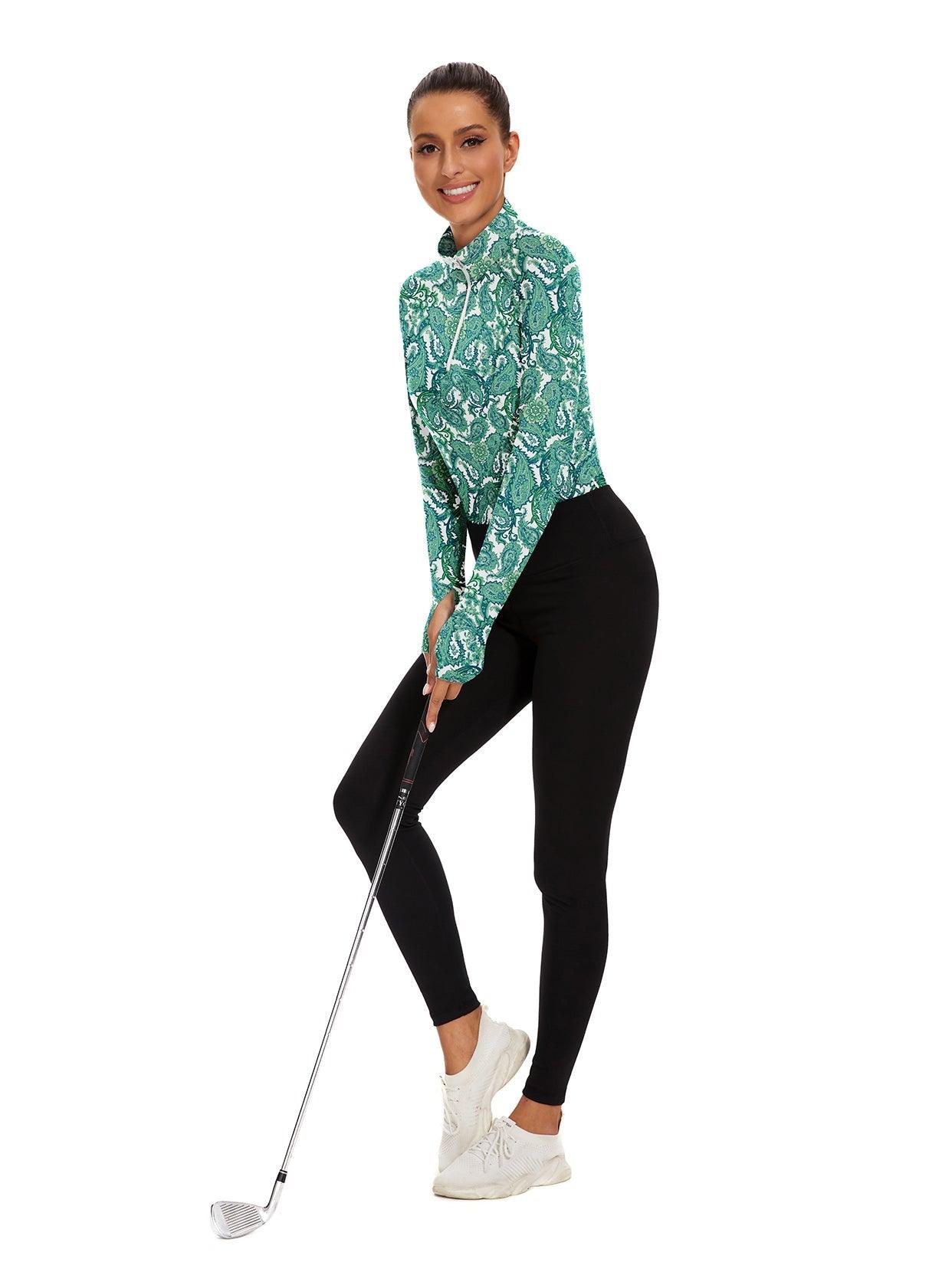 Green Paisley Fleece Zip Up Long-sleeve Golf Polo for Women