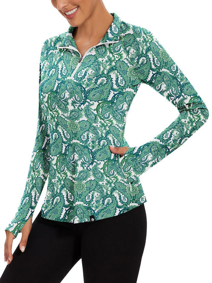 Green Paisley Fleece Zip Up Long-sleeve Golf Polo for Women