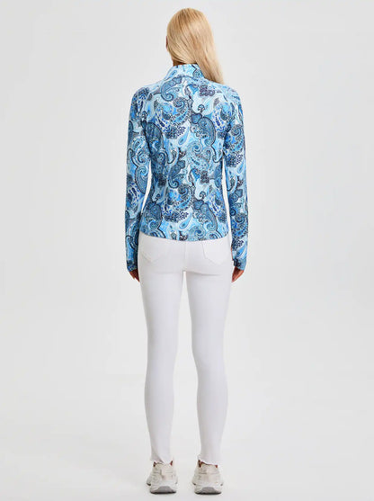 Blue Paisley Quarter-zip Long-sleeve Fleece Tops for Women